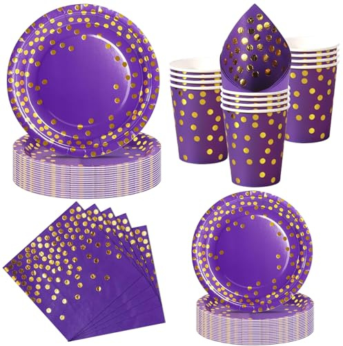 Nkaiso 50 Pcs Purple Gold Paper Plates and Napkins Set for 10 | Party Tableware Supplies Set with Disposable Plate Napkins Cups for Birthday BBQ Picnic Decorations