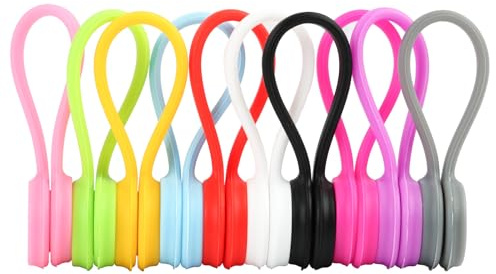 10PCS Reusable Magnetic Cable Ties for Cable Management, Coloured Cable Ties and Magnetic Clips for Cable Tidy Clips, Headphone Wires, USB Charging Cords, Office Home Organiser