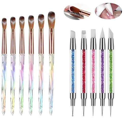 COZERI 11PCS Nail Art Pen Tools - 6PCS Acrylic Nail Brush + 5PCS Art Sculpture Pen, Silicone Brushes and Acrylic Powder Carving Drawing Set for DIY Home Salon Art Tech Supplies Manicure Tool Women