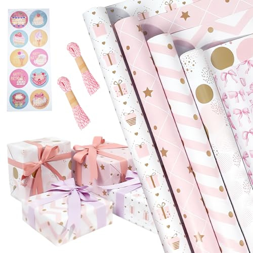 MFUSUL 5 Rollos Papel de Regalo, 43 cm x 300 cm Papel de Regalo Navidad con Cintas y Cinta, Regalo Clásico Rollos de Papel para Cumpleaños, Bodas, Fiestas (Rosa)