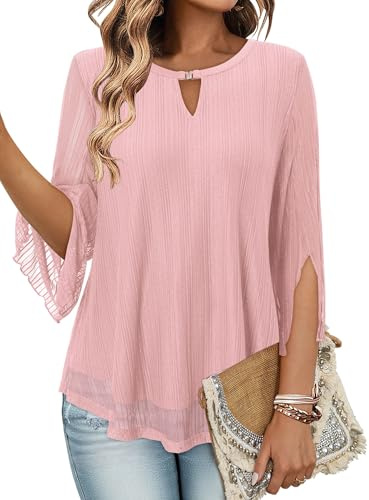 KISSMODA Womens 3/4 Sleeve Tunic Tops Crew Neck Double Layers Loose Fit Mesh Blouses Shirts for Leggings