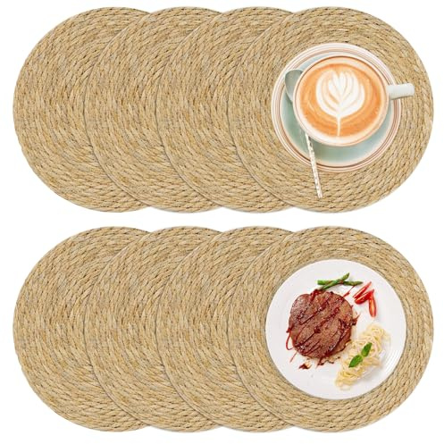 Pilikoll 8Pezzi 30cm Set da Tavola Rotondo Tovagliette per Tavolo da Pranzo | Rotonde in Cattail Sottopiatti Vimini Rattan,Tovagliette in Giacinto d'acqua,Tovagliette Rotonde in Rattan per Cucina o Festa