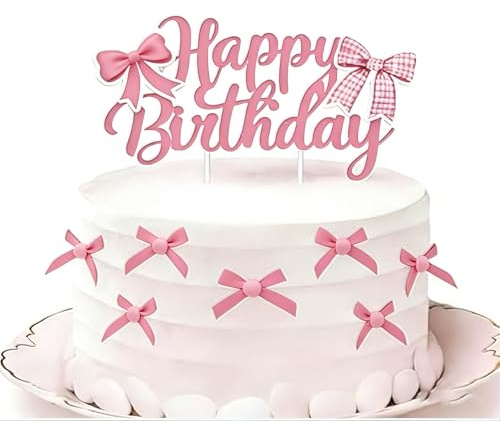 Pink Cake Decorations - 13 Pcs Non-Edible Bow Cake Toppers with Pearls, Sweet Birthday Party Decoration for Cakes, Cupcakes (Pink)