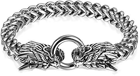 JewelryWe Schmuck Herren Armband, Gotik Biker Doppelt Drachen Kopf Panzerkette Königskette Armkette, Edelstahl, Farbe Silber
