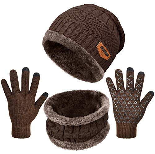 Voqeen Gorras Invierno con Bufanda y Suave Encantador Invierno Guantes Táctiles Antideslizante 3 en 1 de Punto Sombreros para Mujeres y Hombres (Cafe)