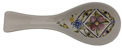 POGGIA MESTOLO IN CERAMICA, PORTA CUCCHIAIO, ACCESSORIO DA CUCINA, UTENSILE DA CUCINA MULTIUSO, CON STAMPA MAIOLICHE Terra/Sole CM 26 (Bianco/maioliche)