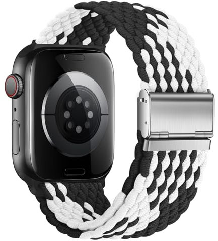 Nepfaivy Ersatzarmband Kompatibel mit Apple Watch Armband 46mm 49mm 45mm 44mm 42mm für Damen Herren, Geflochtenes Nylon Solo Loop Armband für iWatch Series 10/9/8/Ultra/SE/7/6/5/4/3/2/1, Schwarz/Weiß