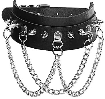 JewelryWe Schmuck Punk Halsband Damen Gothic Leder Choker Halskette Spikes Nieten Halsreif mit Ketten Verstellbarer Choker Kragen Lederband Schwarz