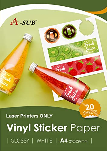 A-SUB Carta adesiva in vinile stampabile impermeabile premium bianca lucida, Etichette autoadesive in vinile per stampanti Laser, Formato A4, 20 fogli