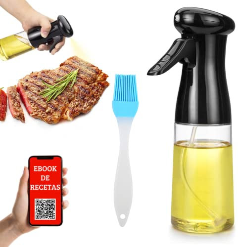 NOOGUI Pulverizador Aceite Spray | Aceitera | Vidrio | Spray Aceite Cocina | 210 ml | Dispensador de Aceite | Cepillo de Silicona Incluido | Para Aceite, Vintage y Multitud de Líquidos