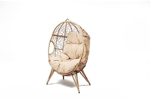 CONCEPTO FÁBRICA | Sillón de huevo sobre patas beige de resina negro con aspecto de ratán | Diseño Jane | Estructura de acero | Cojín repelente al agua | Hamaca columpio en pie terraza jardín balcón |