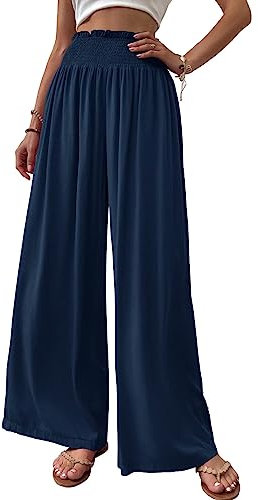 Cicy Bell Damen Hosen Gerade Locker Elastische Weite Beinhose Taille Palazzo Hose Mit Taschen Dunkelblau XL