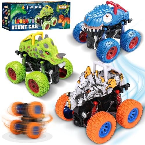 POWZOO Monstertruck,3 Stück Dinosaurier 360 Grad Rotierende Trägheit Fahrzeug Auto Spielzeug,Reibung Zurückziehen Spielzeugautos Monster Trucks.für 3+ Jahre Kinder Geschenke.