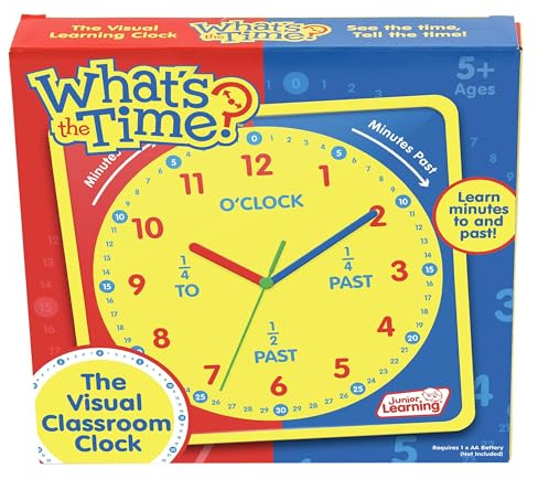 Junior Learning: What's The Time Classroom Clock - Visual Learning Tool, Learn Minutes to & Past, Battery Powered, Educational Toy, Kids Ages 5+