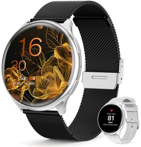 Loekneue Smartwatch Damen Rund mit Telefonfunktion 1,39'' HD Touchscreen Uhr mit IP68/SpO2/Menstruationszyklus/Schlafmonitor/Wasserdichter/Schrittzähler/Fitness/für iOS Android Schwarz Silber
