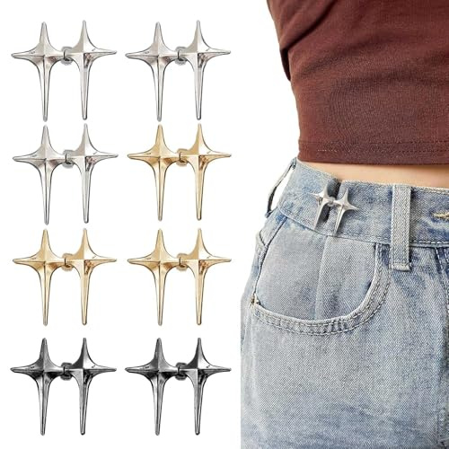 YUBBYSTU 8 pares de botones de jeans, tensor de cintura desmontable con diseño en forma de estrella de cuatro puntas, botones ajustables sin costura, clips de ajuste de cintura