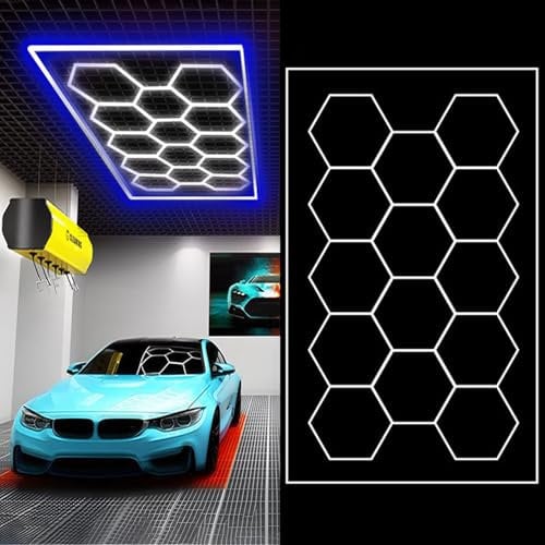 Sedtonmu Hexagon Lampes LED pour Garage Hexagonales Design 6000K Plafonnier LED nid D'abeilles pour Garage Soussol Entrepôt Salon de Beauté Automobile Atelier D'esthétique Automobile,1