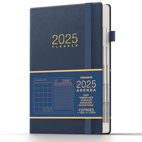 TDOLISSTE - Kalender 2025 Terminplaner, A5 Agenda Buchkalender 365-Seiten-Tagesplan und 24-Seiten-Monatsplan, Mehrsprachiges, Stiftschlaufe und Innentasche, Gebundene Ausgabe (Blau)