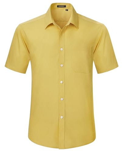 HISDERN Mens Short Sleeve Dress Shirt Regular Fit Casual Formal Yellow Shirts Button Down Business Stretch Shirt Non Iron,4XL