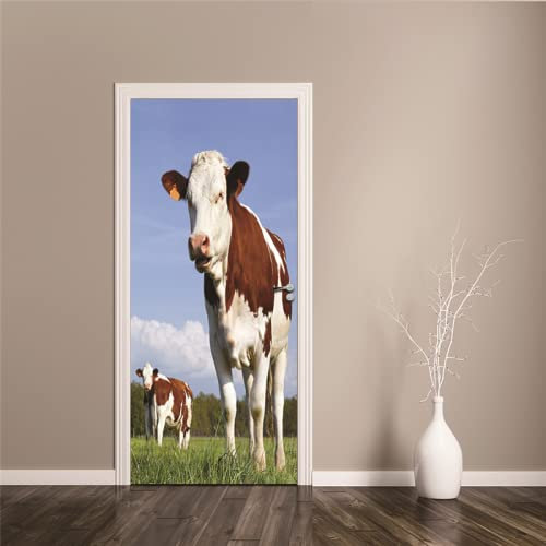 MYIESAXL Sticker Porte Poster Animal Vache Papier Peint Effet Trompe-l'œil pour Salon Chambre Décoration De La Maison Stickers Muraux Imperméable Stickers Amovibles, Autocollant Porte(83 x 204cm)