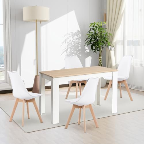 FURNITABLE Esstisch mit 4 Stühlen Esszimmergruppe, 4er Set Esszimmerstühle und 120CM Rechteckig Holztisch Essgruppe für Wohnzimmer Küche Büro (Eiche-Weiß Tischbein Tisch+4 Weiß Stühle)