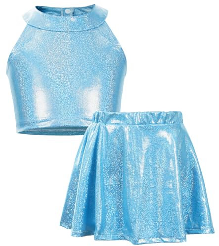 FEOYA Mädchen Metallic Pailletten Tanz Outfits Jazz Hip Hop Performance Tanzkleidung Kinder Zweiteiler Tanzbekleidung Glänzende Crop Top mit Rock Set 6–9 Jahre