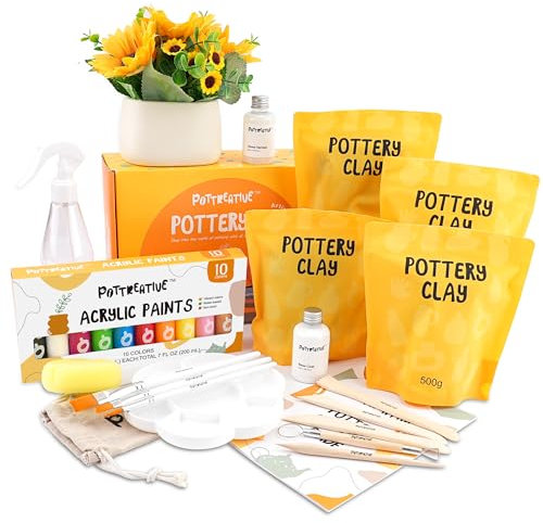 POTTREATIVE Lufttrocknendes Ton-Töpferset für Anfänger. DIY-Lufttrocknendes Ton-Set für Erwachsene. Enthält lufttrocknenden Ton, Anleitung, Töpfer-Bildhauerwerkzeuge. Heim-Töpferset