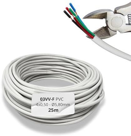 HALOTEC 25 Metri Cavo Tubo Rotondo PVC Bianco A03VV-F 4x0,50 mm² | Cavo Flessibile 4 Conduttori Rame | Blu, Rosso, Verde e Nero | Bassa Tensione 300V | Illuminazione, Elettronica, Impianti