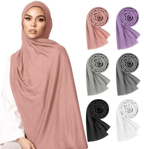 HQEUZ 6 Stück Hijab Kopftücher für Damen, Langer Schal, Leichte Muslimische Kopfbedeckung Jersey Stoff, Weiches Hijab Tuch, Modernes Kopftuch Set für Frauen (6 Farben-A)