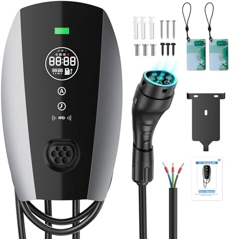 Evjuicion Borne de Recharge Véhicule Électrique 7kW [ 8A-32A, 0-8H, Monophasé] Rapide Wallbox Domestique Chargeur Type 2 avec Écran Numérique avec 5M Cable Recharge Voiture Electrique