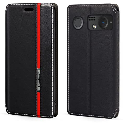 Shantime Classic Stripes Faux Leather Flip Case Compatible with Balmuda Phone, Invisible Magnetic Cover with Card Slot, Contrast Color Design(Black)