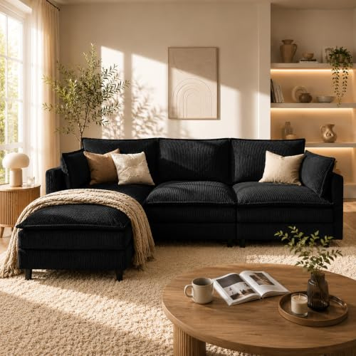 APICIZON Sofa mit Schlaffunktion, Cloud Couch, Sofa L Form, Eckcouch-275x132x80cm, Sofas XXL, Wohnzimmer Cord Schlafcouch, Seitliche Magazin-Aufbewahrungstasche, Schwarz