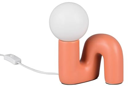 Ausgefallene Tischlampe Keramik Apricot mit weißer Glaskugel, Höhe 21,5cm