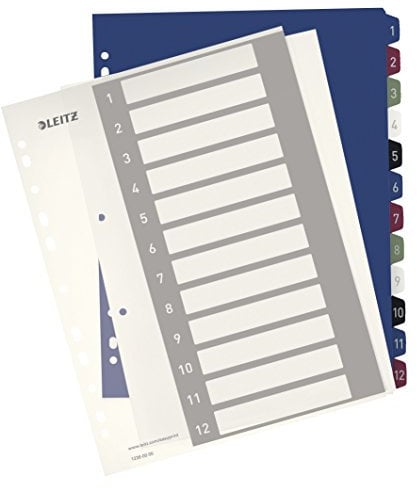 Leitz Register für A4, PC-beschriftbares Deckblatt und 12 Trennblätter, Taben mit Zahlenaufdruck 1-12, Überbreite, Weiß/Mehrfarbig, PP, Style, 12380000