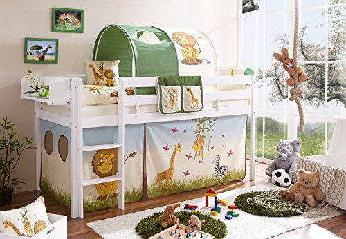 Hochbett Spielbett Malte Kiefer massiv Weiss, Vorhangstoff:Safari
