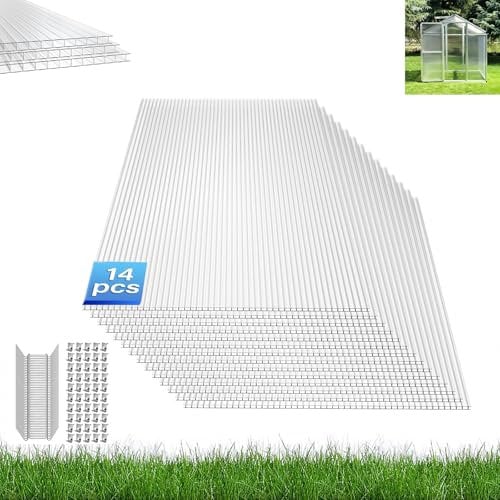 AUFUN 14 x planchas alveolares de cámaras Huecas de policarbonato de 4 mm 10,25 m², Placas de Invernadero de 60,5 x 121 cm, Placas de Doble Puente para jardín, garajes, Resistentes a Rayos UV