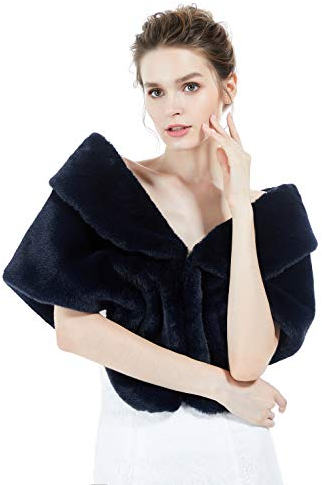 BEAUTELICATE Kunstpelz Schal Stola Damen Pelz Bolero Brautjacke Brautstola Brautschal für Braut Winter Hochzeit Festlich Abendkleid Fasching Halloween Weihnachten (Navy Blau, L)
