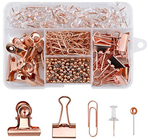 NATUCE 500PCS Rose Gold Ensembles de Papeterie pour la maison l'école et les de bureau, 100pcs Punaises+80pcs Trombones+300pcs Punaises Tête Ronde+14pcs Pinces Double Clip+6pcs Clips Liant