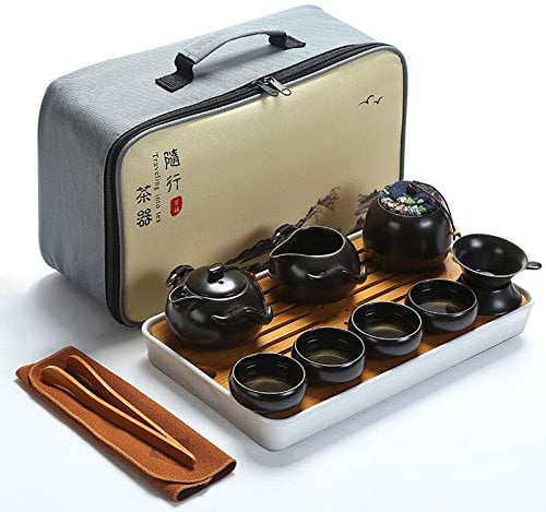 fanquare Portable Kungfu Service à Thé Chinois, Ensemble de Thé Kungfu Fait Main, Théière en Porcelaine, Tasses à Thé, Plateau à Thé en Bambou et Un Sac pour Voyage, Noir