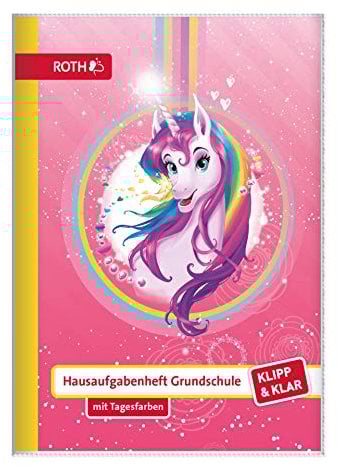 ROTH Klipp&Klar Grundschul-Aufgabenheft mit Tagesfarben, A5, 1 Woche 2 Seiten, Einhornportrait