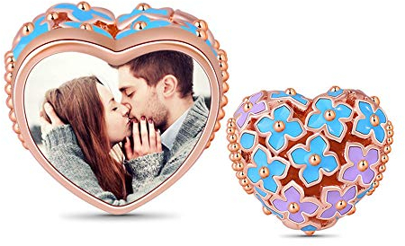 GNOCE Personalisierter Hortensien Foto Charm Herz Perle Roségold überzogen aus 925 Sterling Silber Passt Alle Armbänder und Halsketten Bestes Geschenk für Sie