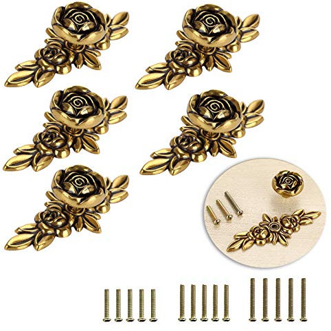 BSTKEY 5 Packs Rose Drawer Knobs Pull Handles for Cupboard Cabinet Wardrobe Chest with Plate, Decorative Furniture Knob for Home (100mm, Antique Brass)