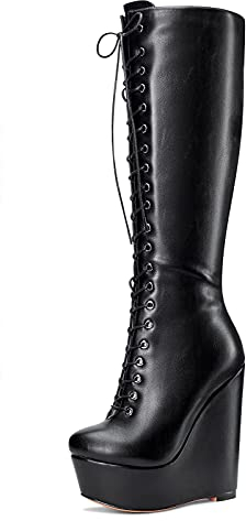NobleOnly Scarpe col Tacco Donna Plateau Zeppa Stivali Metà Polpaccio Cerniera Lacci Wedge Boots 16CM High Heels Nero Opaco Scarpe EU 41