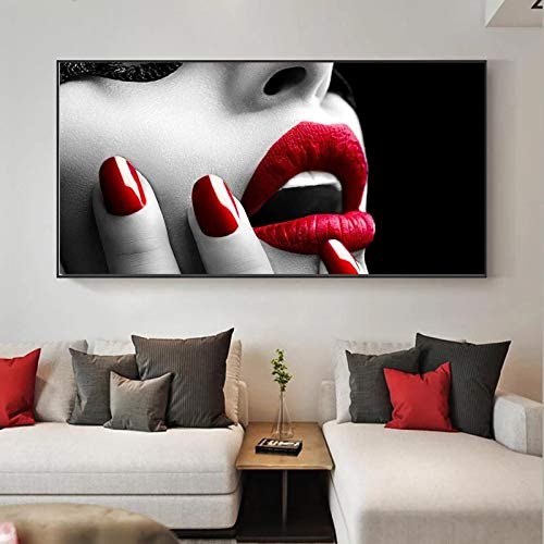 Yinaa Kunstdrucke Moderne Frauen Rote Lippen und Nägel Leinwand Gemälde Poster Wandkunst Bild Fertig zum Aufhängen Büro Wohnkultur 70x140cmx1pcs Innenrahmen