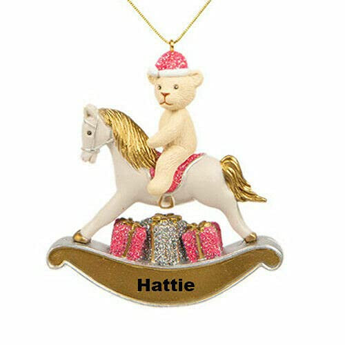 Chichi Gifts Personalised Pink Teddy Bear & Rocking Horse Decoration Ornament Bauble with LASER ENGRAVED name