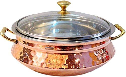 OSNICA 1 bol de service indien pour céréales, soupe, aliments cuits, plats de service, plats de service en cuivre, acier Handi (taille 20 cm (1000 ml) avec couvercle)