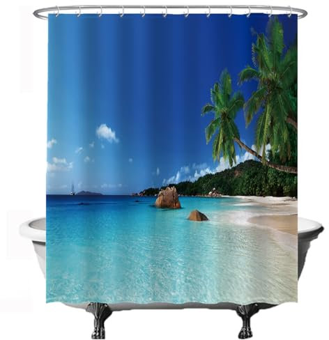 Ulticool Duschvorhang - Strand Natur Meer Insel Palme - 180 x 200 cm – Waschbar – Anti Schimmel - Wasserdicht - mit 12 Ringe - Blau