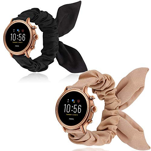 Compatible with Fossil Women Gen 5E Band, onetuo Elastic Scrunchies with Butterfly Fabric Replacement Straps Women Compatible with Fossil Women's Gen 5E 42mm Smartwatch (2 pack-Black+pink gold)