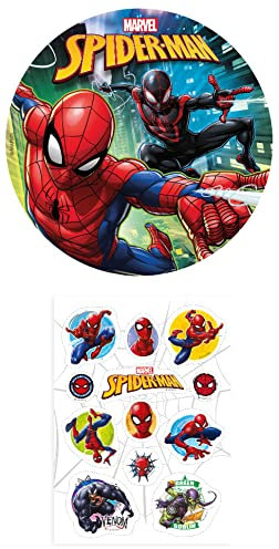 Dekozauber24 2er Set Spiderman Essbarer Tortenaufleger 20cm + 12x Muffinaufleger, Tortendeko Kindergeburtstag (Spiderman Nr. 2)
