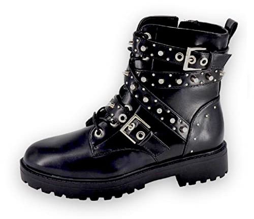 Damen Stiefeletten Biker Boots Nieten Schnallen Stiefel gefüttert ST83 – BH148 37